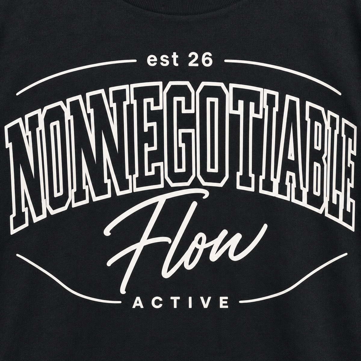 Close-up of the Nonnegotiable Flow front graphic on the black tee
