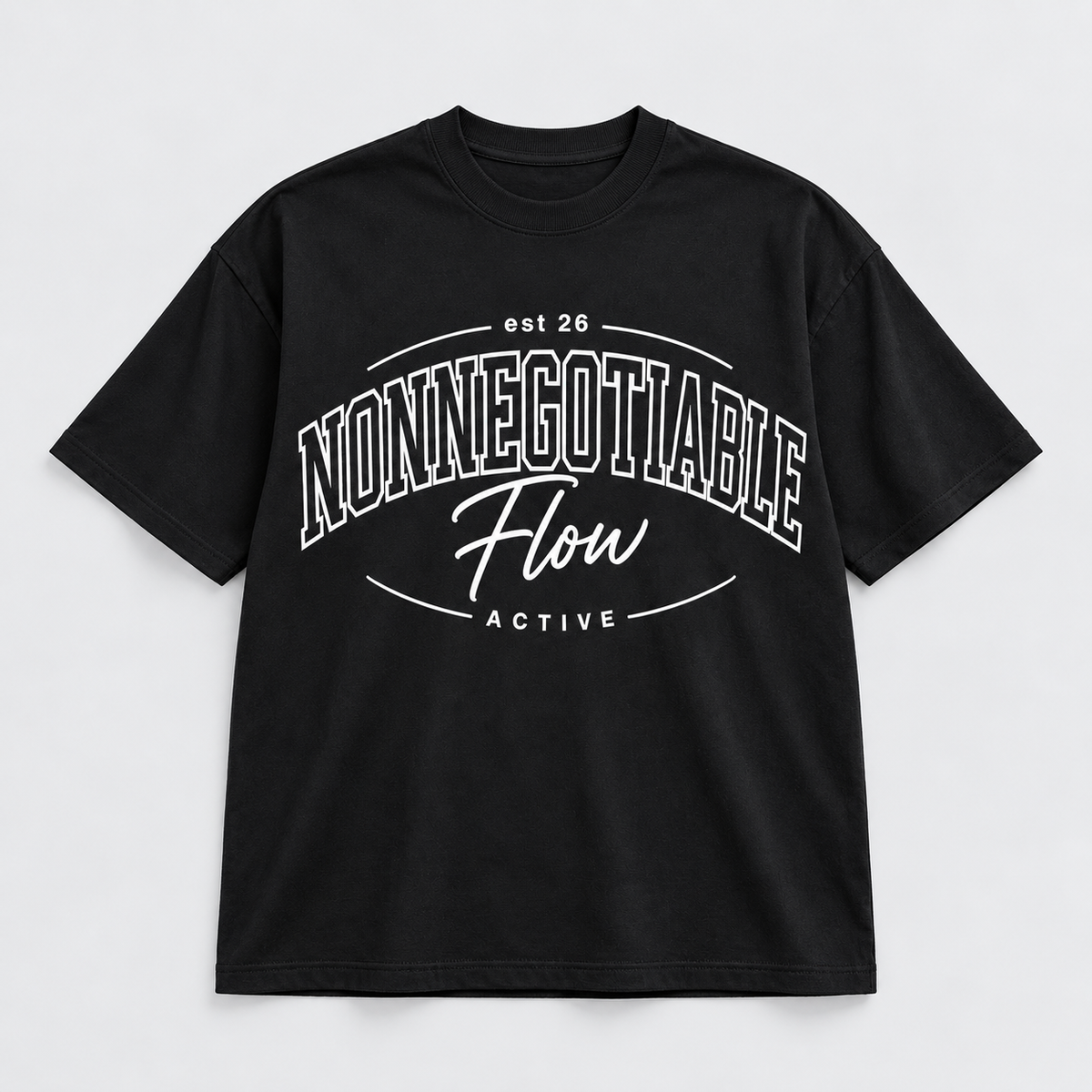 Nonnegotiable Flow oversized black tee, front view with Nonnegotiable Flow screen-printed graphic