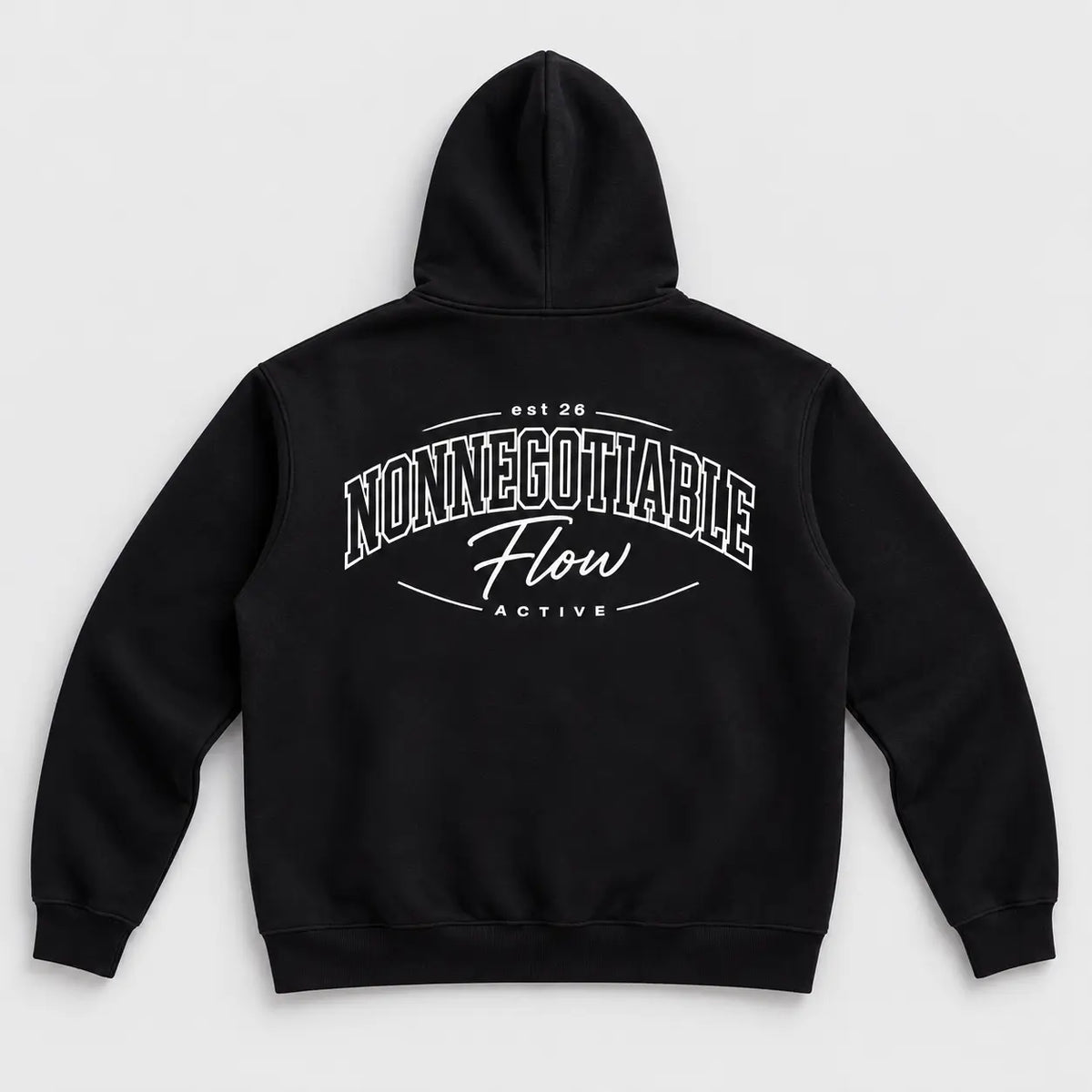 Nonnegotiable Flow oversized black hoodie, back view with Nonnegotiable Flow print