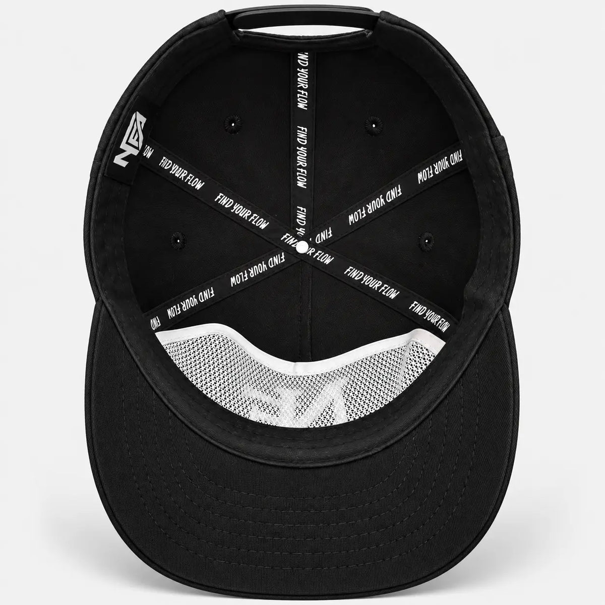 Inside of the Nonnegotiable Flow cotton cap showing Find your flow seam tape and NFA label