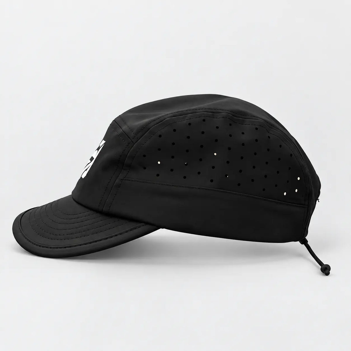 Nonnegotiable Flow black running cap, opposite side view with laser-perforated panels