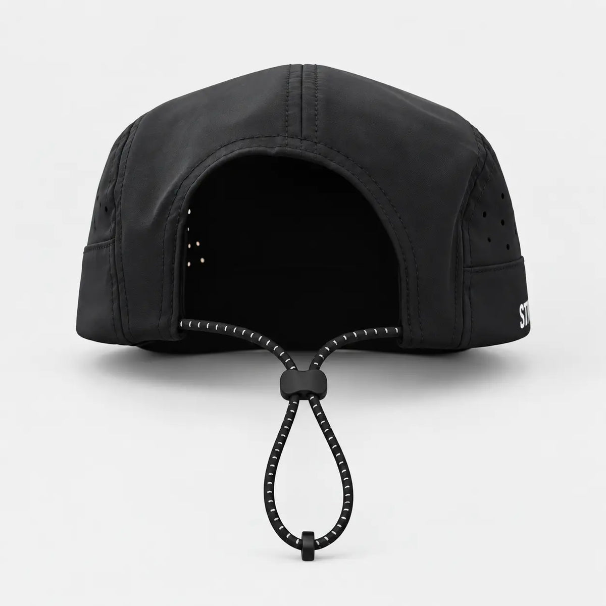 Nonnegotiable Flow black running cap, rear view with bungee-cord toggle adjuster